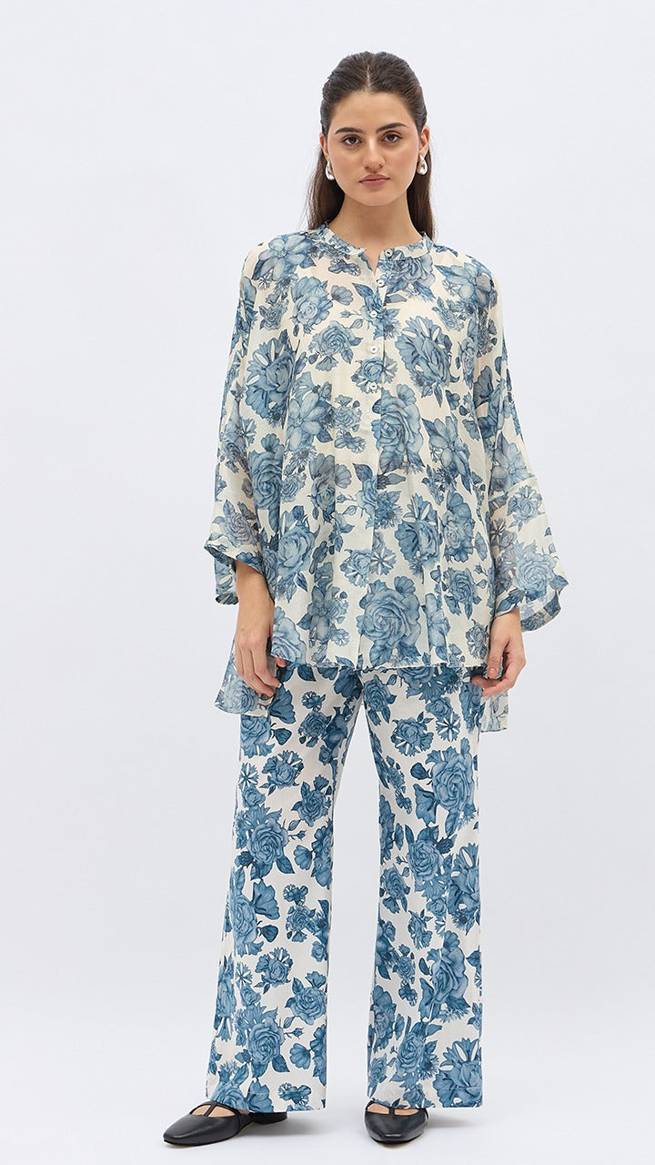BLUE BLOSSOM FLOWER NAMAH TUNIC WITH SAME PRINT PANTS
