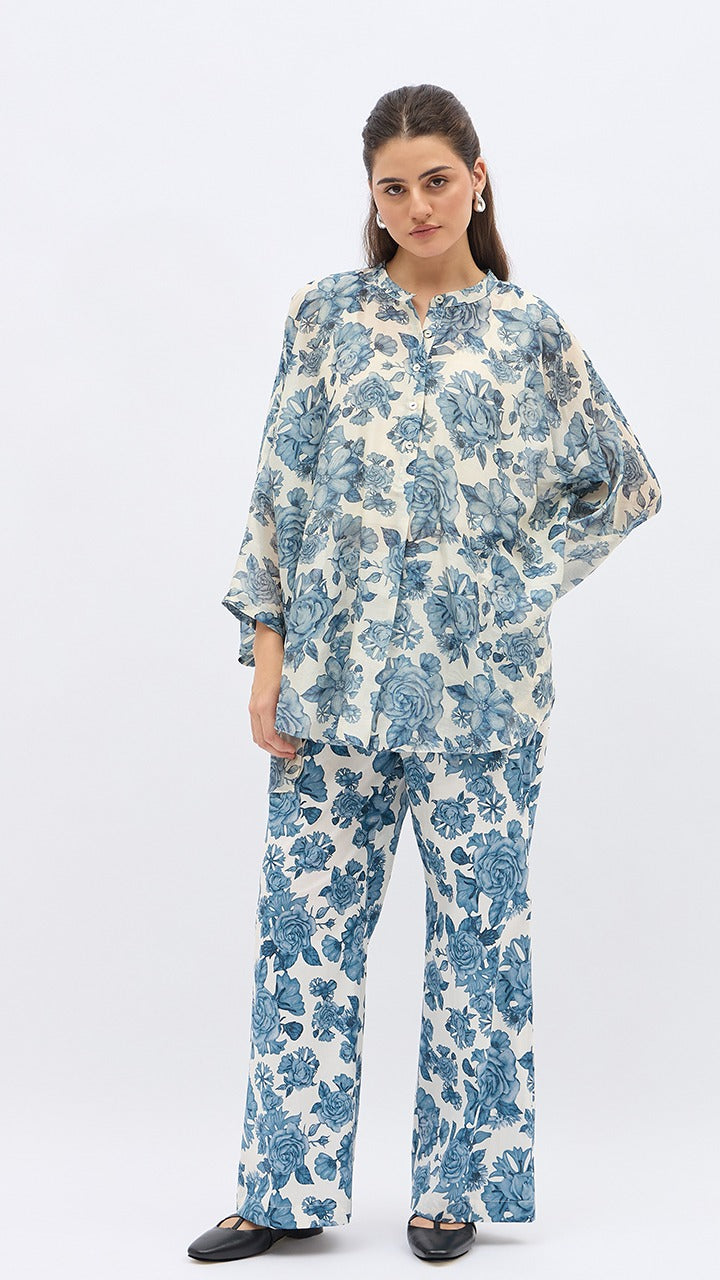 BLUE BLOSSOM FLOWER NAMAH TUNIC WITH SAME PRINT PANTS