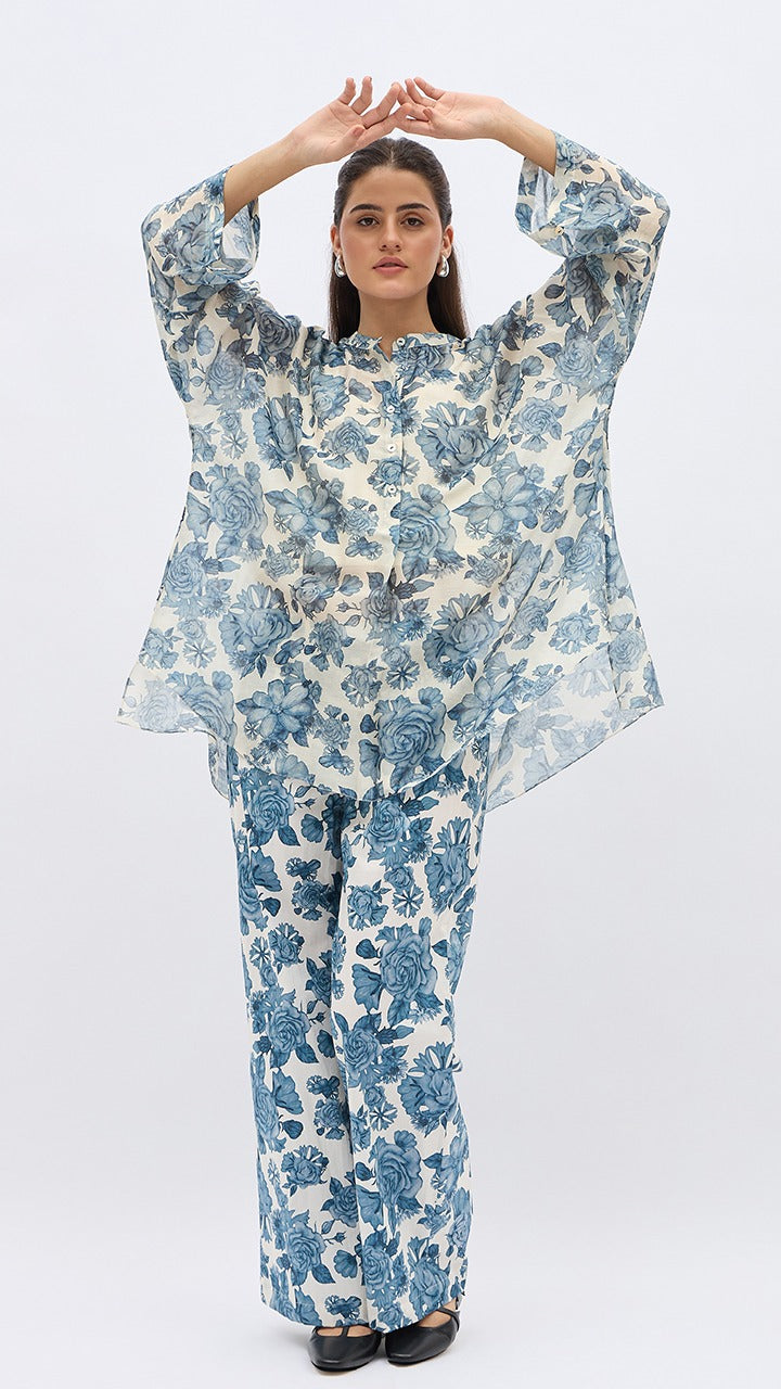 BLUE BLOSSOM FLOWER NAMAH TUNIC WITH SAME PRINT PANTS