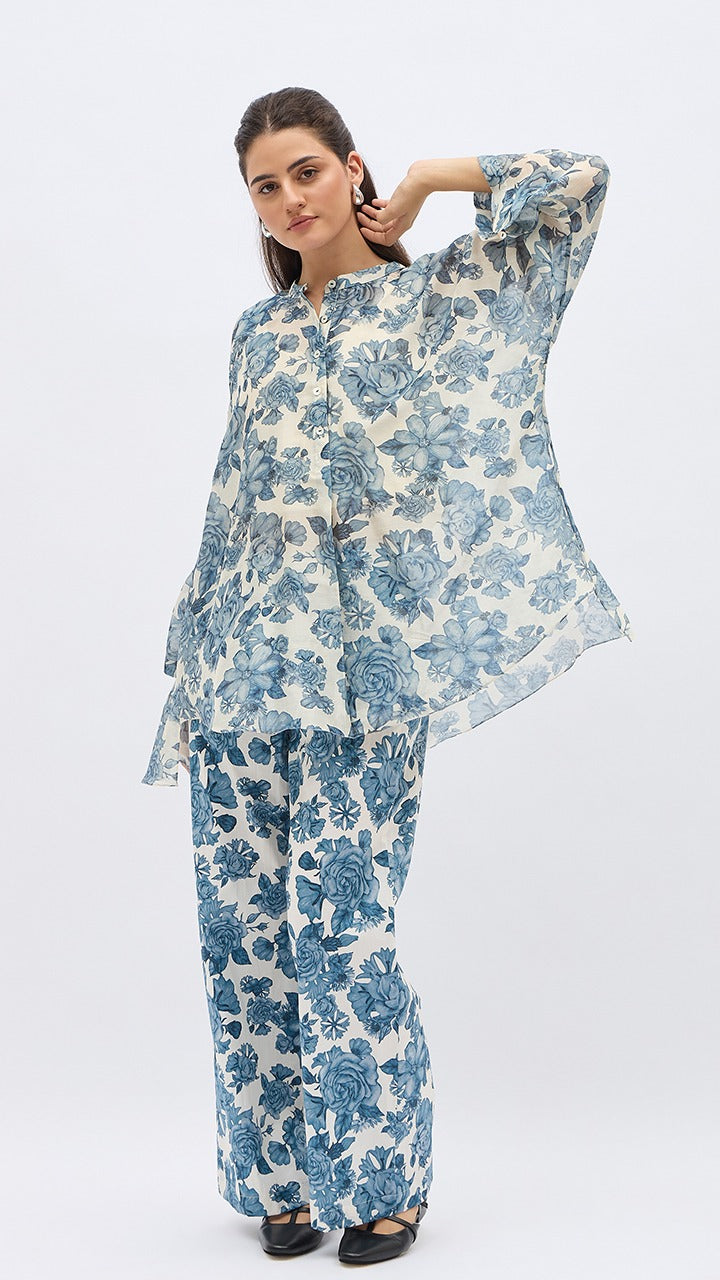 BLUE BLOSSOM FLOWER NAMAH TUNIC WITH SAME PRINT PANTS