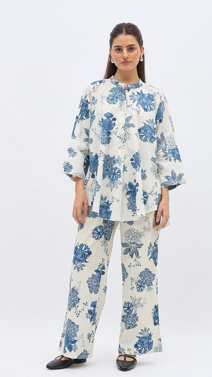 BLUE FLOWER LIME JAAL NAMAH TUNIC WITH SAME PRINT PANTS