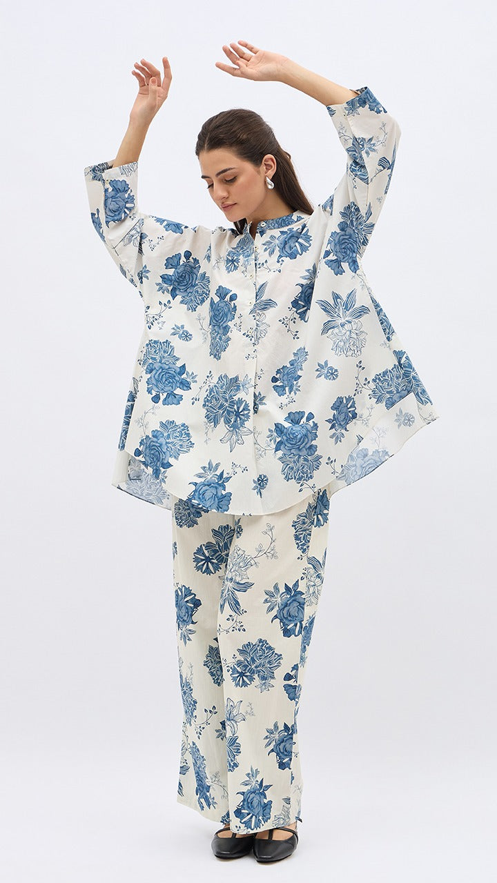 BLUE FLOWER LIME JAAL NAMAH TUNIC WITH SAME PRINT PANTS