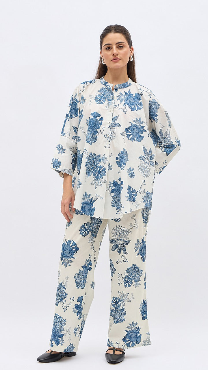 BLUE FLOWER LIME JAAL NAMAH TUNIC WITH SAME PRINT PANTS