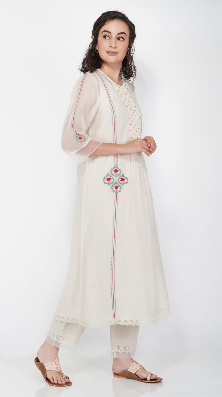 SAAWAN- CREAM CHANDERI SMOCKING WITH FLORAL EMBROIDERY KURTA SET