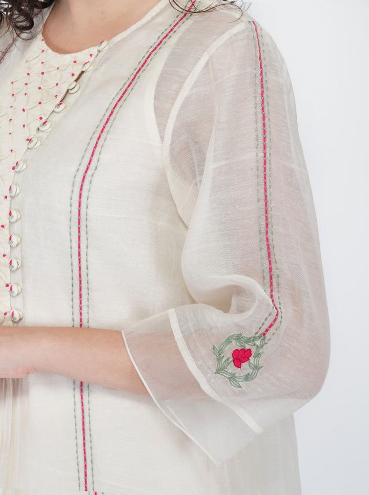 SAAWAN- CREAM CHANDERI SMOCKING WITH FLORAL EMBROIDERY KURTA SET