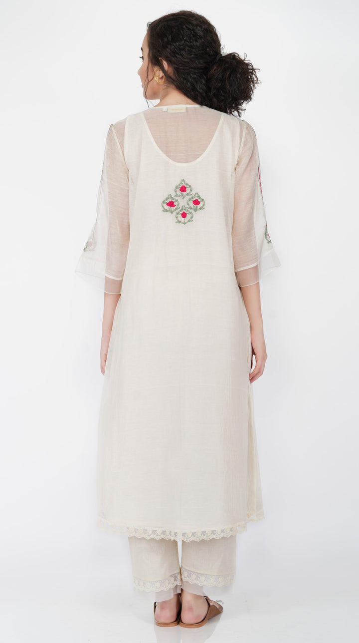 SAAWAN- CREAM CHANDERI SMOCKING WITH FLORAL EMBROIDERY KURTA SET