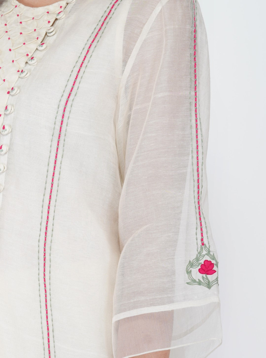 SAAWAN- CREAM CHANDERI SMOCKING WITH FLORAL EMBROIDERY KURTA SET
