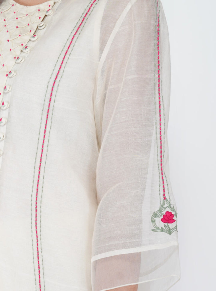 SAAWAN- CREAM CHANDERI SMOCKING WITH FLORAL EMBROIDERY KURTA SET