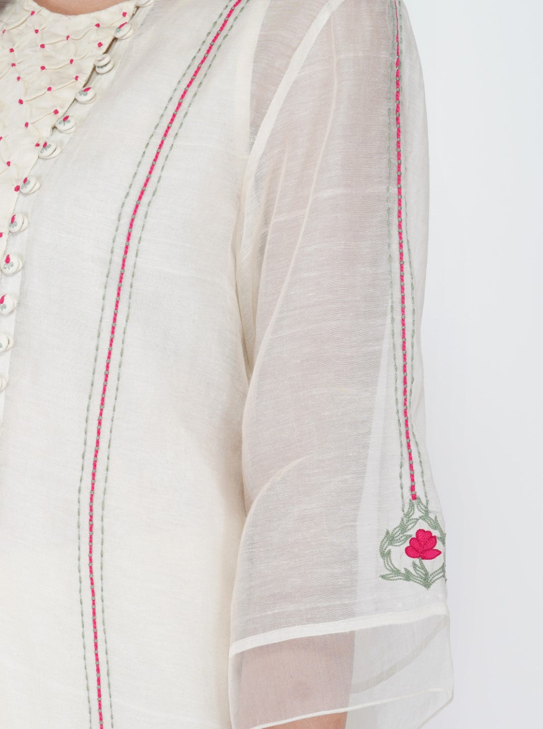 SAAWAN CREAM CHANDERI SMOCKING WITH FLORAL EMBROIDERY WITH COTTON AND ORGANZA SHEER PANTS WITH LACE DUPATTA