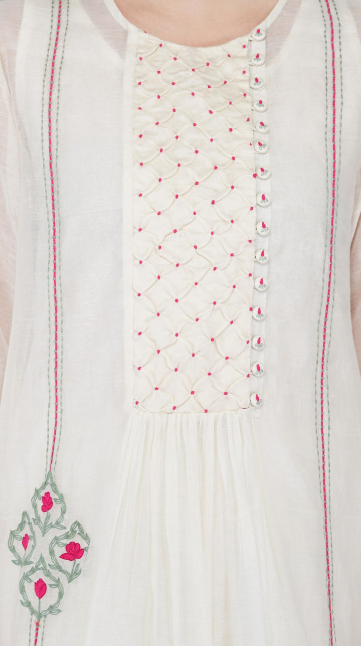 SAAWAN- CREAM CHANDERI SMOCKING WITH FLORAL EMBROIDERY KURTA SET