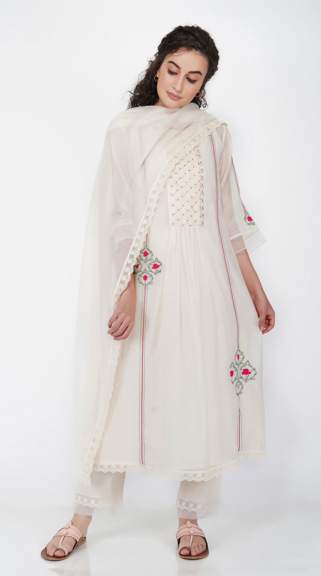 SAAWAN CREAM CHANDERI SMOCKING WITH FLORAL EMBROIDERY WITH COTTON AND ORGANZA SHEER PANTS WITH LACE DUPATTA