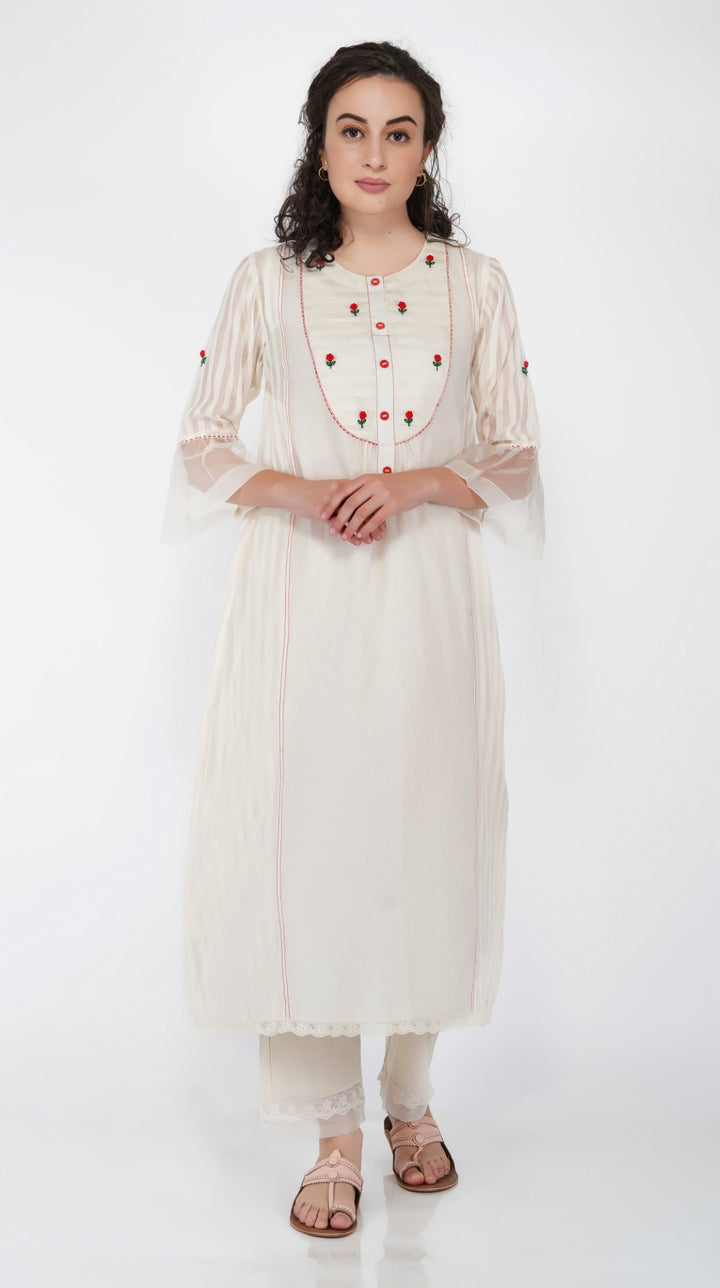 SAAWAN- CREAM CHANDERI ROSE YOK KURTA SET
