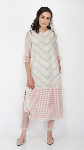 SAAWAN POCKET EMBROIDERED KURTA WITH OFF WHITE COTTON SHEER ORGANZA STRAIGHT PANTS