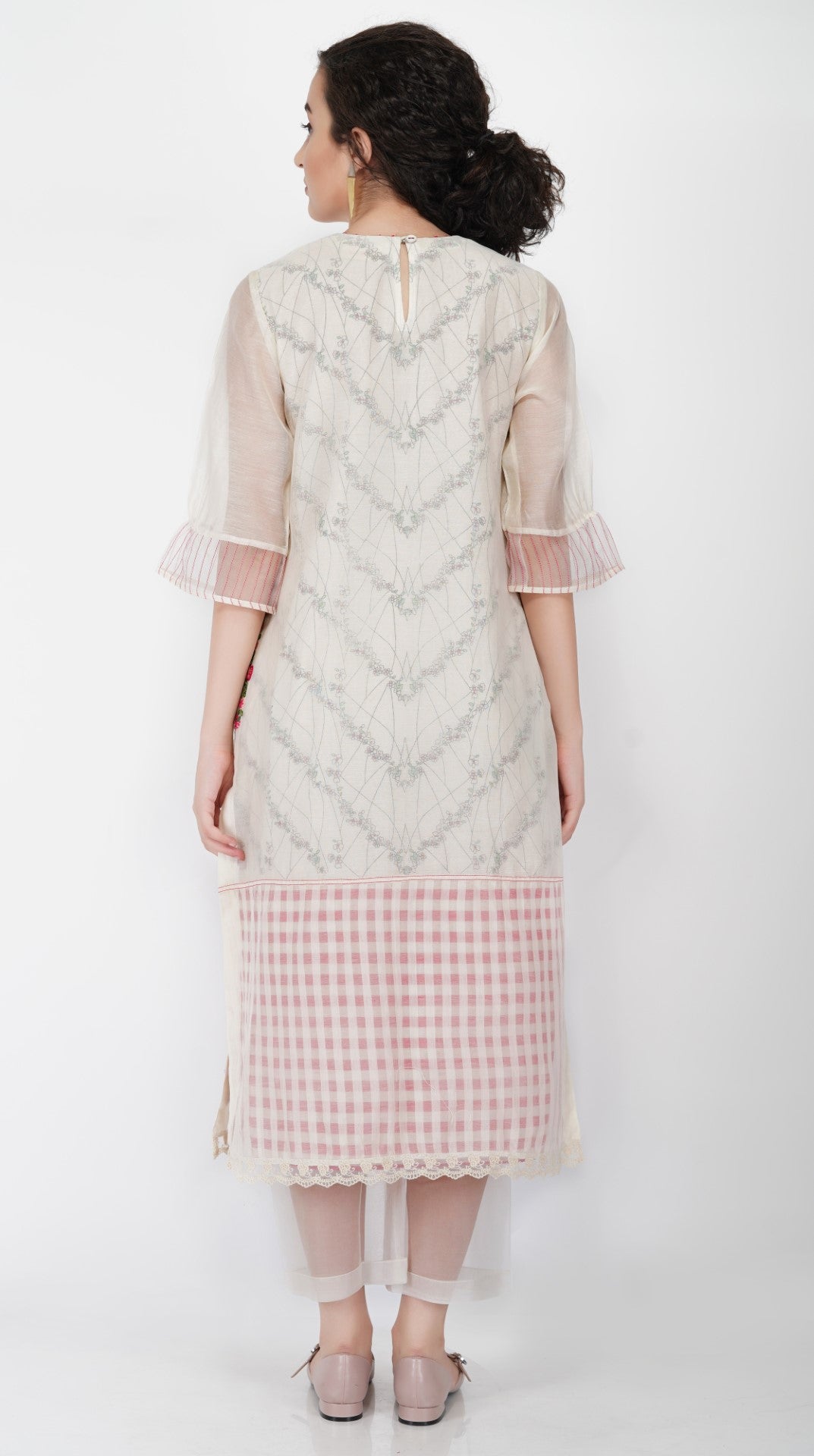 SAAWAN POCKET EMBROIDERED KURTA WITH OFF WHITE COTTON SHEER ORGANZA STRAIGHT PANTS