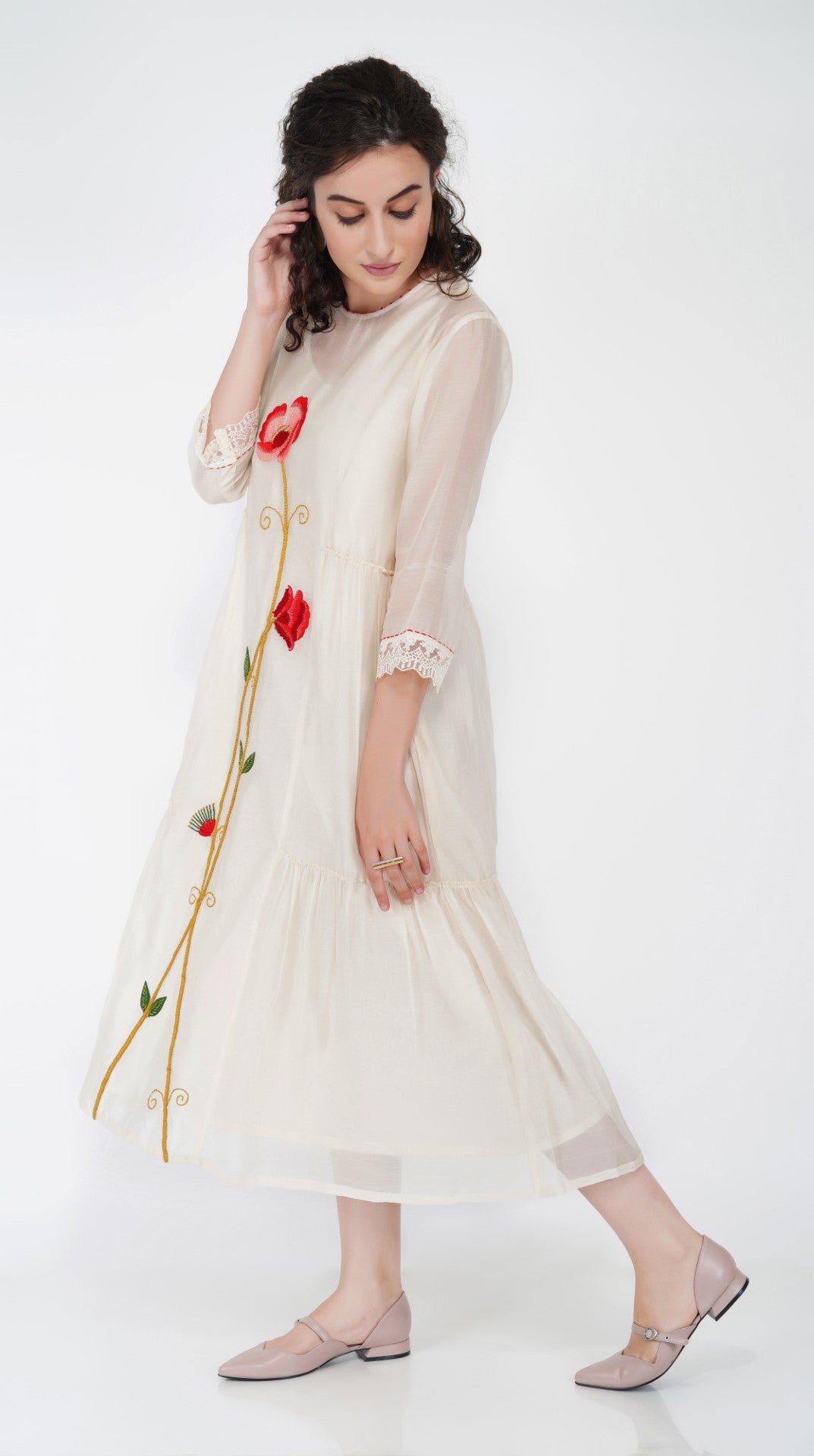 SAAWAN FLOWER TIER DRESS WITH CREAM KHADI AND ORGANZA SHEER PANTS