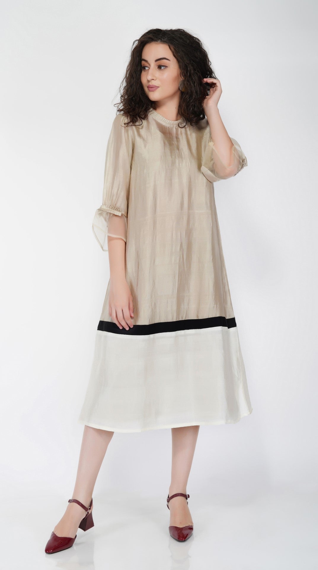 SAAWAN COLOUR BLOCK SILK DRESS WITH SHEER ORGANZA PANTS