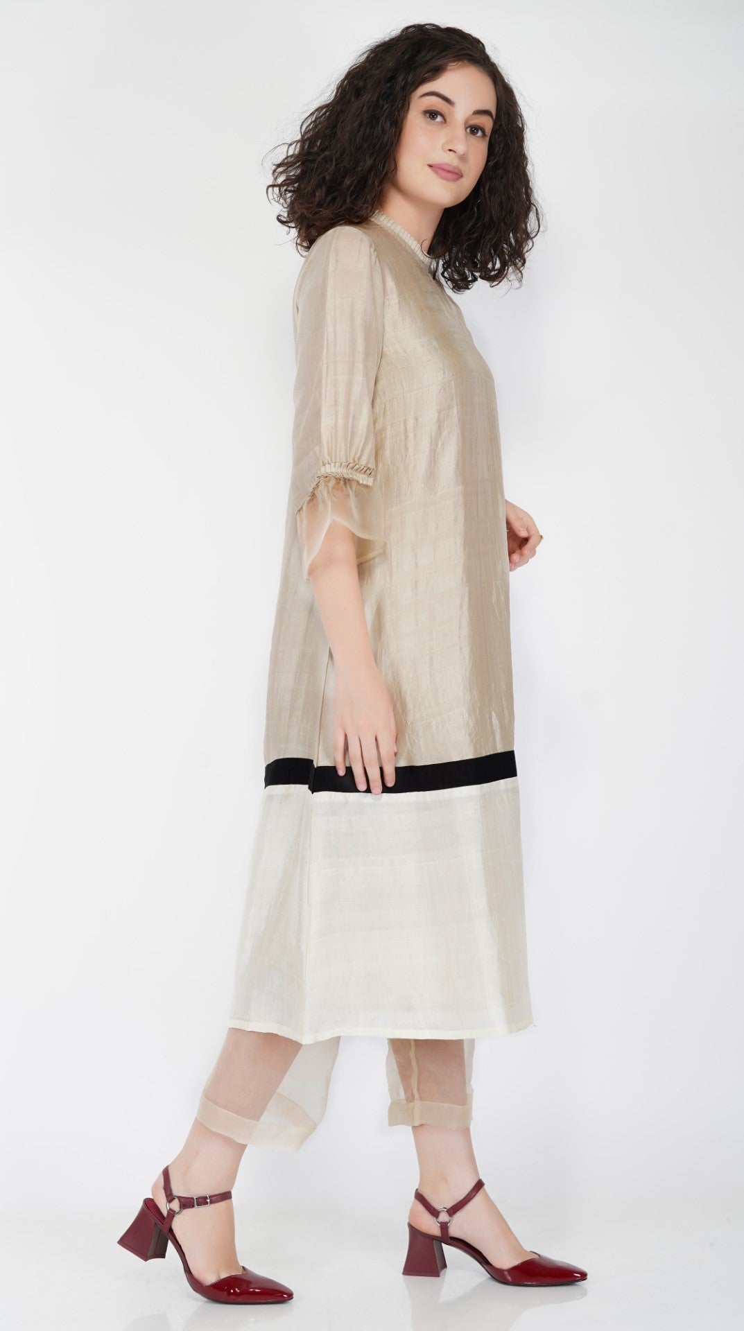 SAAWAN COLOUR BLOCK SILK DRESS WITH SHEER ORGANZA PANTS