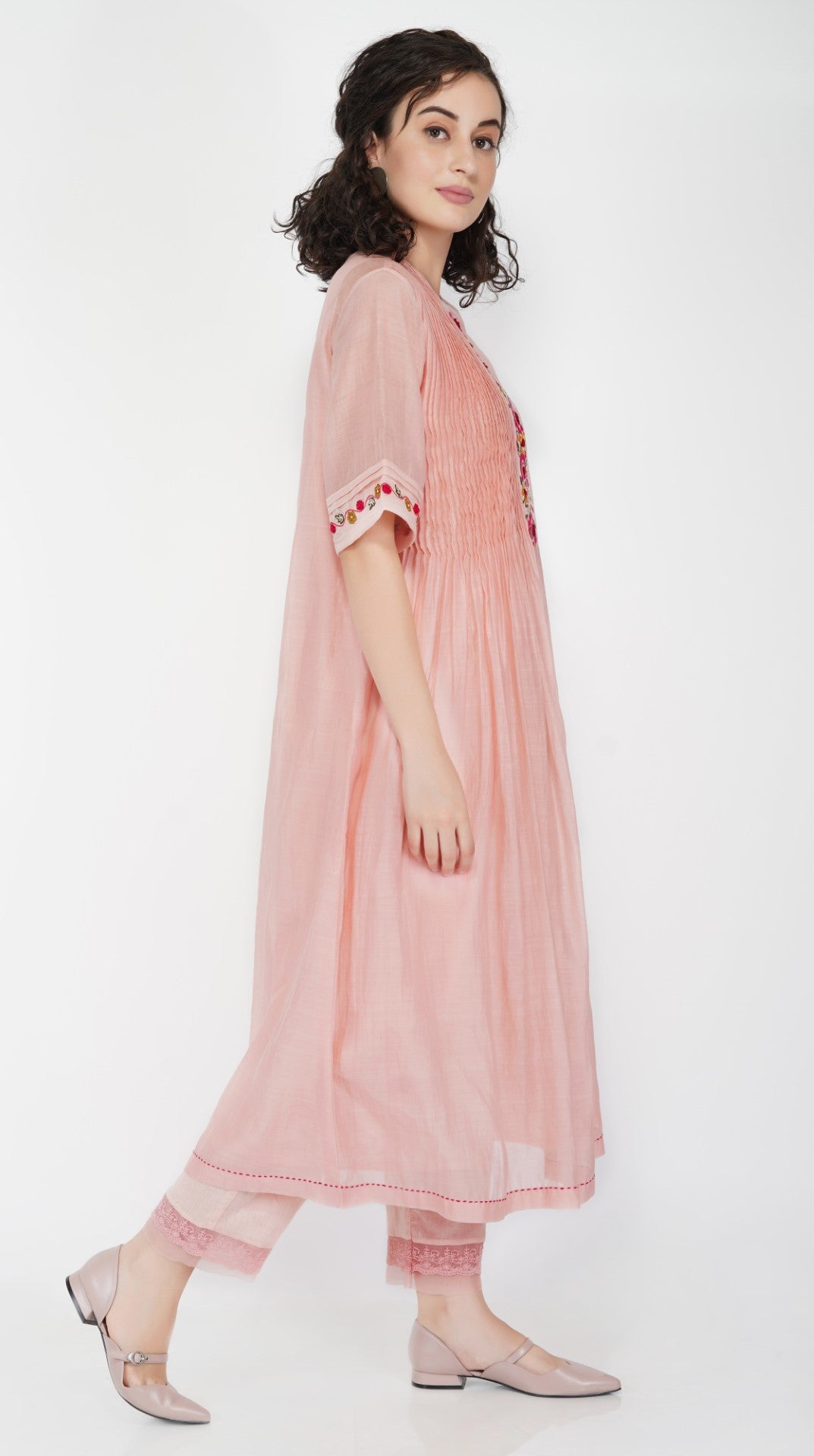 SAAWAN BABY PINK CHANDERI FLORAL FRONT PANEL PLEATED KURTA WITH COTTON LACE AND ORGANZA SHEER PANTS AND LACE DUPATTTA