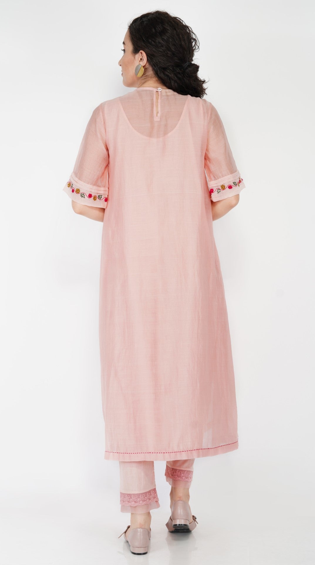 SAAWAN BABY PINK CHANDERI FLORAL FRONT PANEL PLEATED KURTA WITH COTTON LACE AND ORGANZA SHEER PANTS AND LACE DUPATTTA