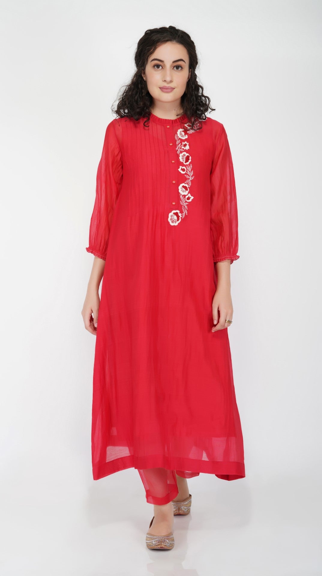 SAAWAN RED CHANDERI FLOWER EMBROIDERY WITH PINTUCKS TUNIC WITH RED COTTON ORGANZA SHEER PANTS