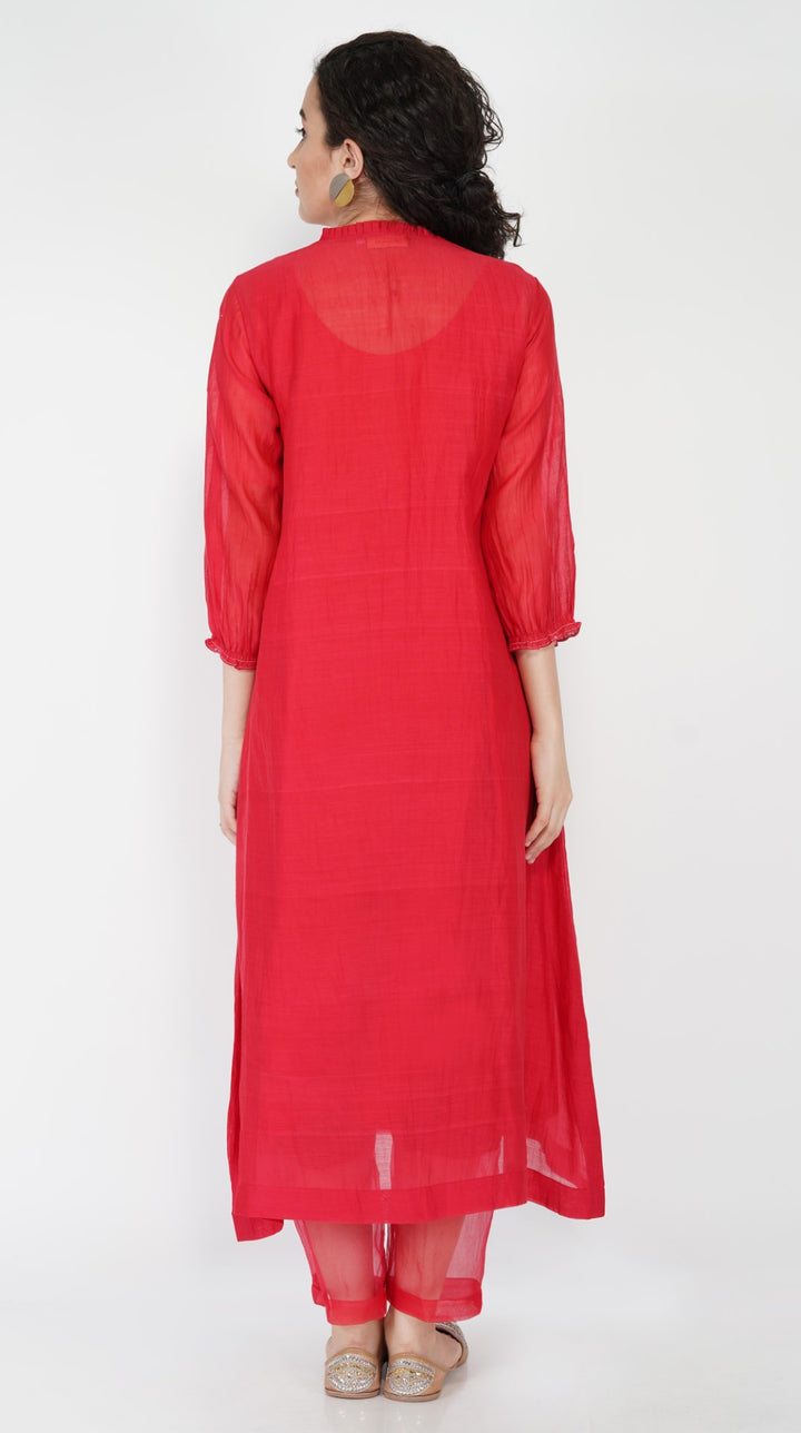 SAAWAN- RED CHANDERI FLOWER EMBROIDERY KURTA SET