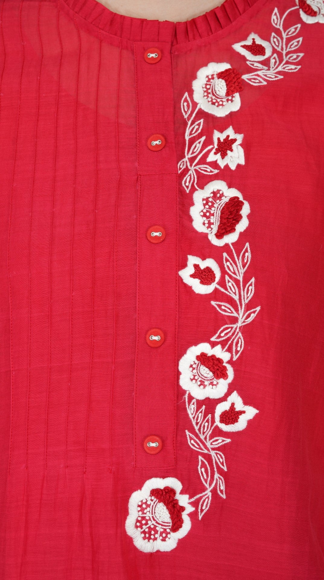 SAAWAN RED CHANDERI FLOWER EMBROIDERY WITH PINTUCKS TUNIC WITH RED COTTON ORGANZA SHEER PANTS