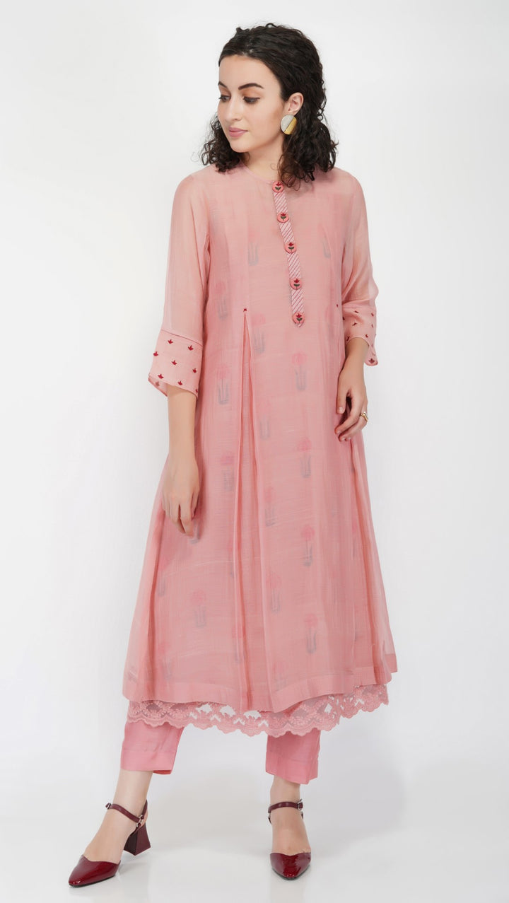 SAAWAN- OLD ROSE CHANDERI BUTTON EMBROIDERY KURTA SET