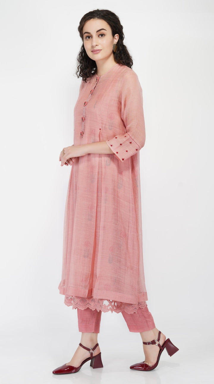 SAAWAN- OLD ROSE CHANDERI BUTTON EMBROIDERY KURTA SET
