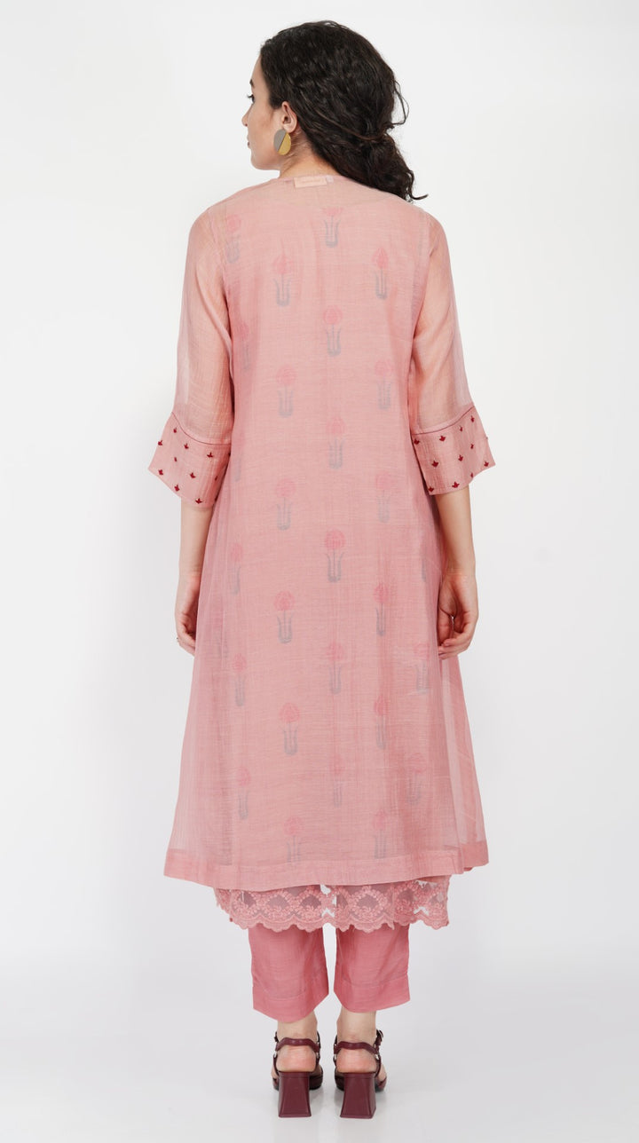 SAAWAN- OLD ROSE CHANDERI BUTTON EMBROIDERY KURTA SET