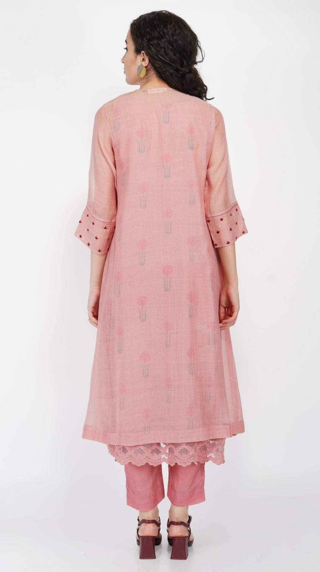 SAAWAN OLD ROSE CHANDERI BUTTON EMBROIDERY WITH BOX PLEATS WITH COTTON SILK STRAIGHT PANTS