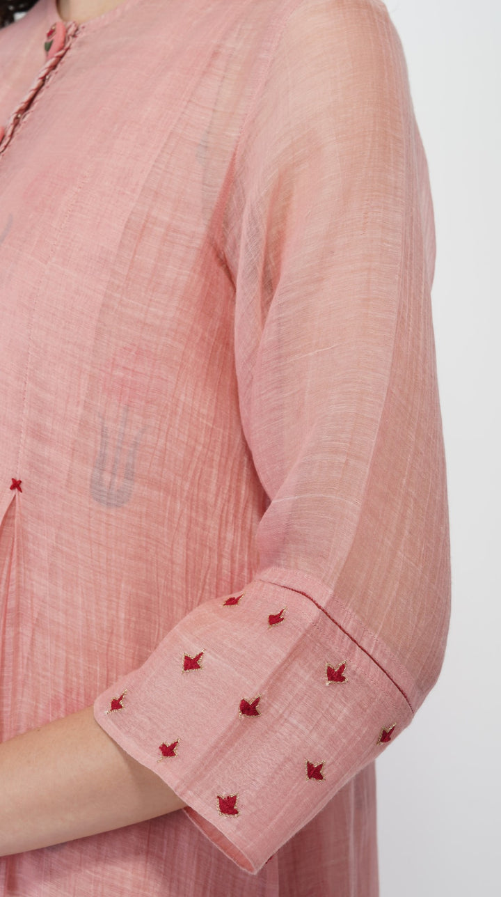 SAAWAN- OLD ROSE CHANDERI BUTTON EMBROIDERY KURTA SET