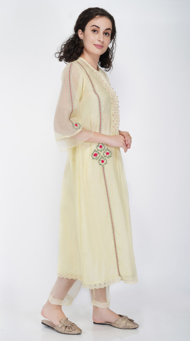 SAAWAN- LEMON YELLOW CHANDERI SMOCKING WITH FLORAL EMBROIDERY KURTA SET