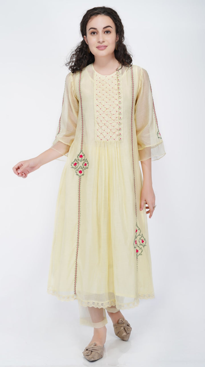 SAAWAN- LEMON YELLOW CHANDERI SMOCKING WITH FLORAL EMBROIDERY KURTA SET