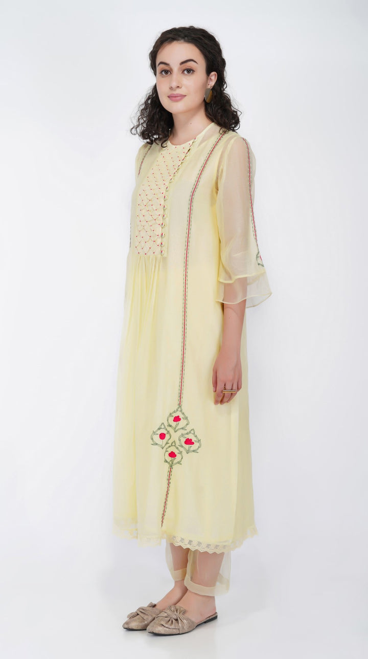 SAAWAN- LEMON YELLOW CHANDERI SMOCKING WITH FLORAL EMBROIDERY KURTA SET