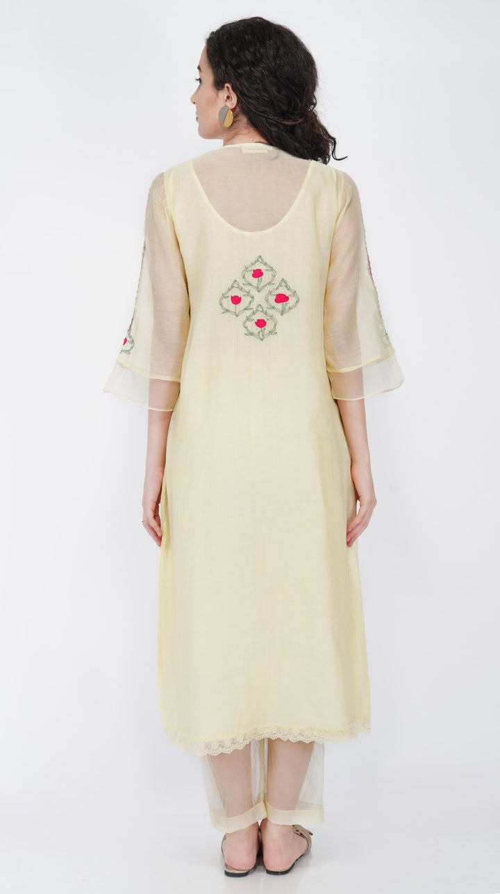 SAAWAN- LEMON YELLOW CHANDERI SMOCKING WITH FLORAL EMBROIDERY KURTA SET