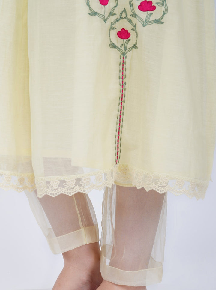 SAAWAN- LEMON YELLOW CHANDERI SMOCKING WITH FLORAL EMBROIDERY KURTA SET