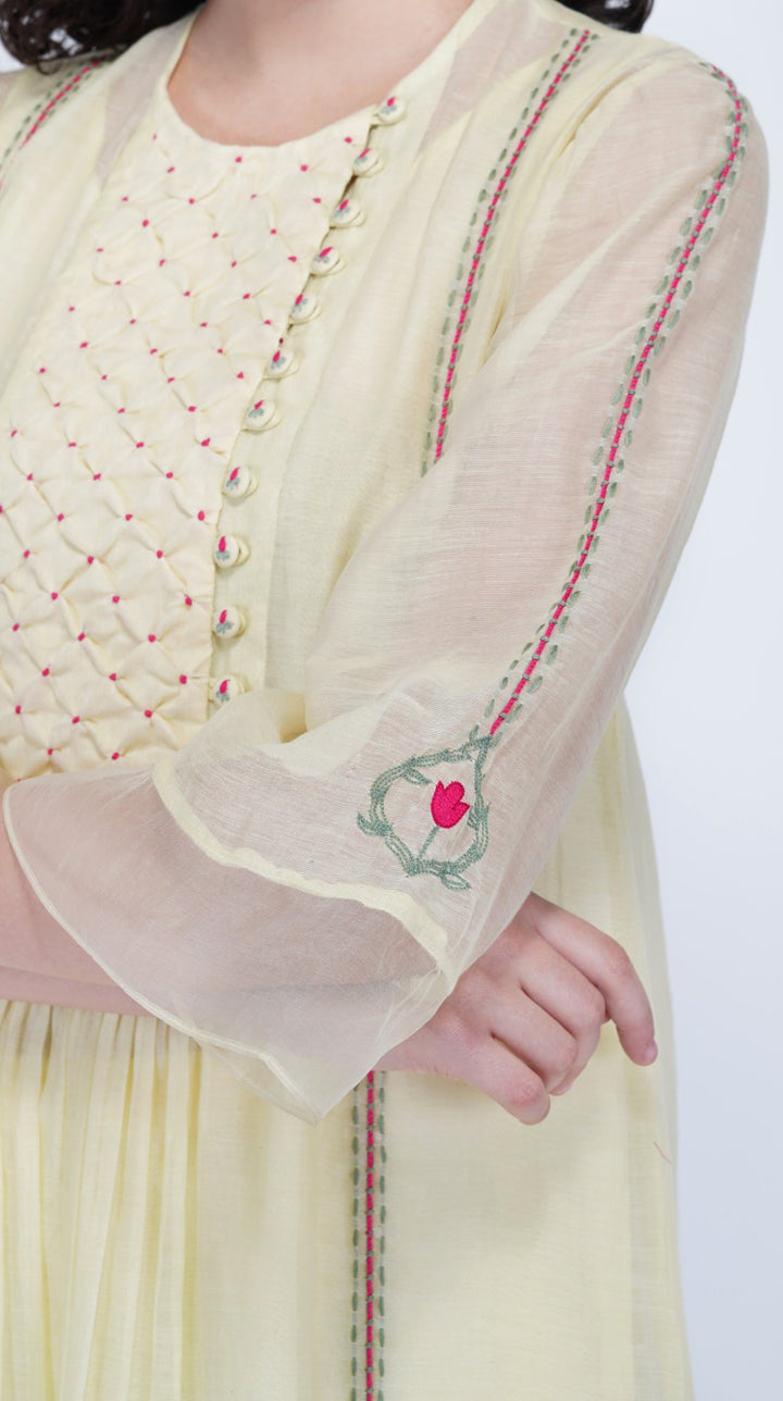SAAWAN- LEMON YELLOW CHANDERI SMOCKING WITH FLORAL EMBROIDERY KURTA SET