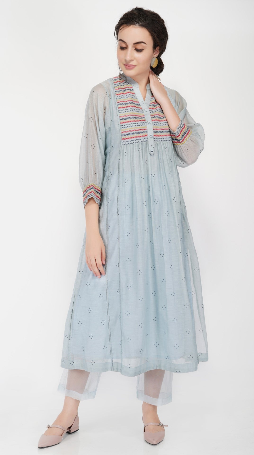 SAAWAN POWDER BLUE CHANDERI ABSTRACT YOKE KALI KURTA WITH COTTON ORGANZA SHEER PANTS