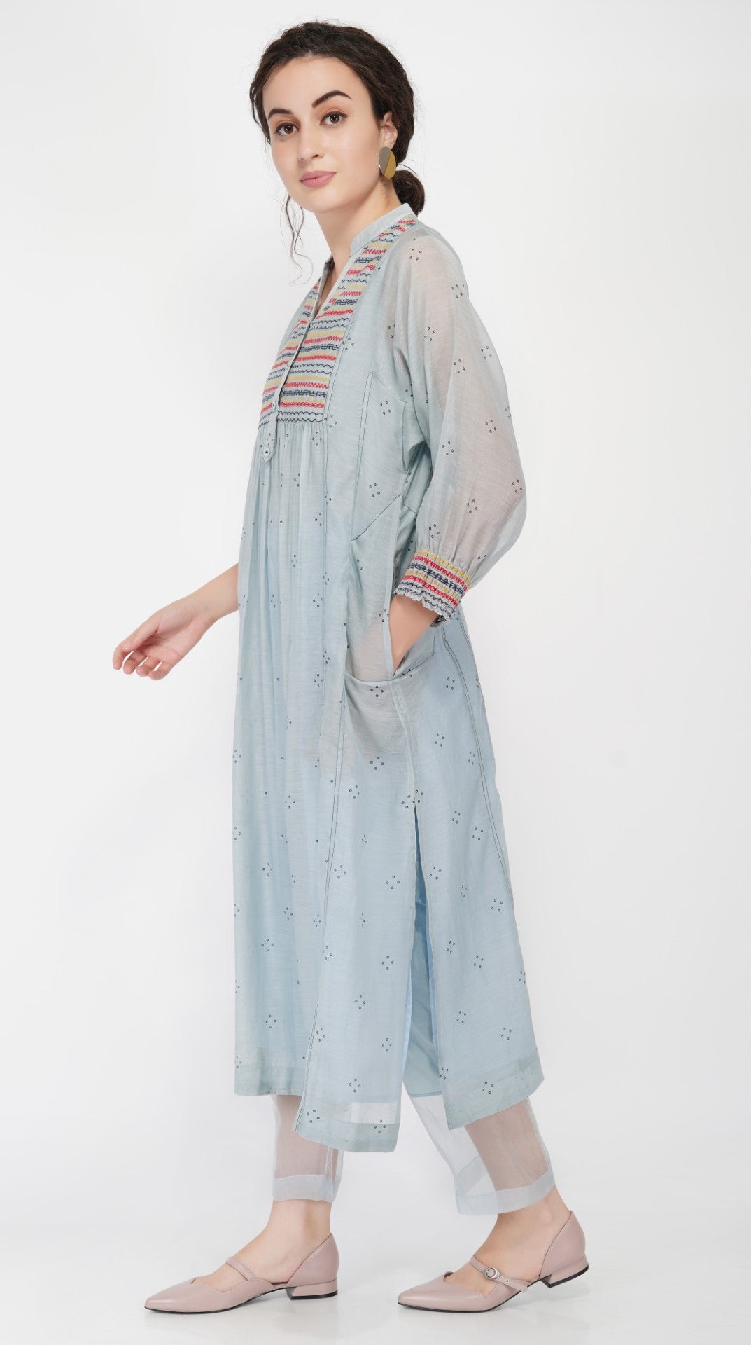 SAAWAN POWDER BLUE CHANDERI ABSTRACT YOKE KALI KURTA WITH COTTON ORGANZA SHEER PANTS