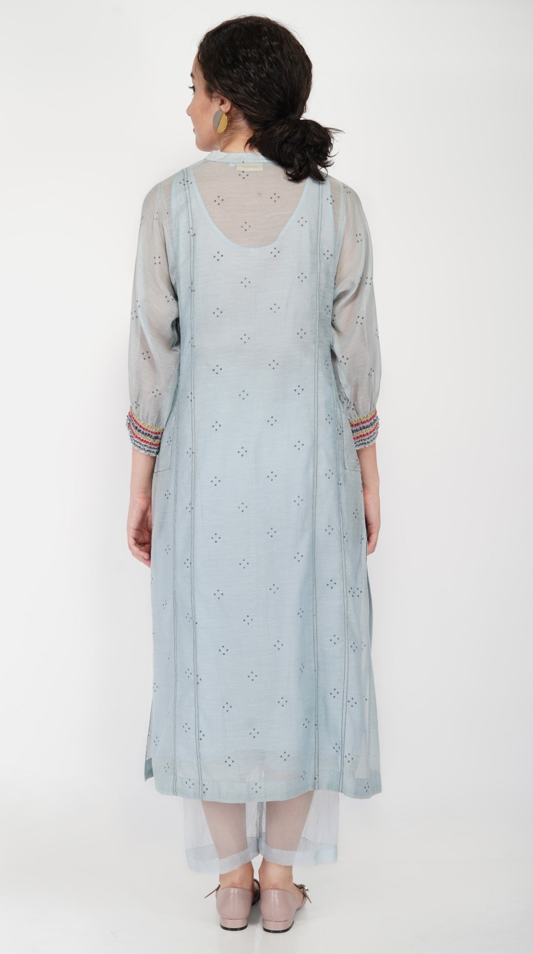 SAAWAN POWDER BLUE CHANDERI ABSTRACT YOKE KALI KURTA WITH COTTON ORGANZA SHEER PANTS