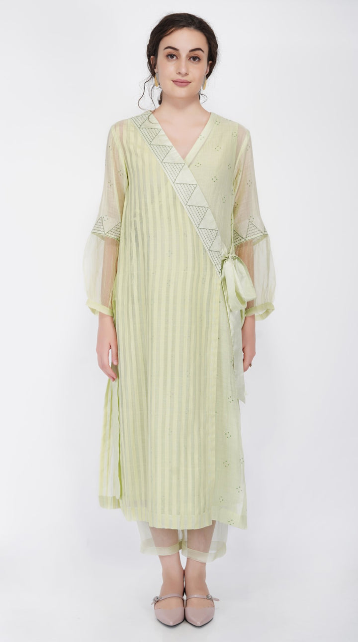 SAAWAN- PISTA GREEN CHANDERI ANGRAKHA KURTA SET