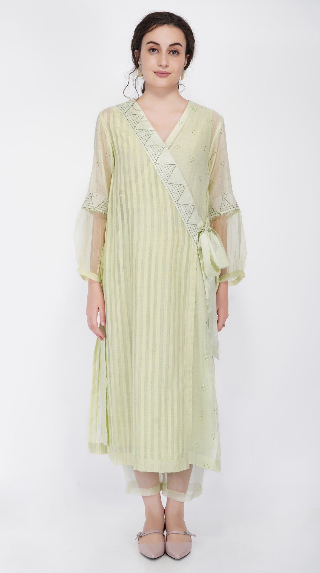 SAAWAN ANGRAKHA KURTA IN PISTA GREEN SOFT HANDWOVEN CHANDERI WITH DELICATE HAND STITCH DETAILS