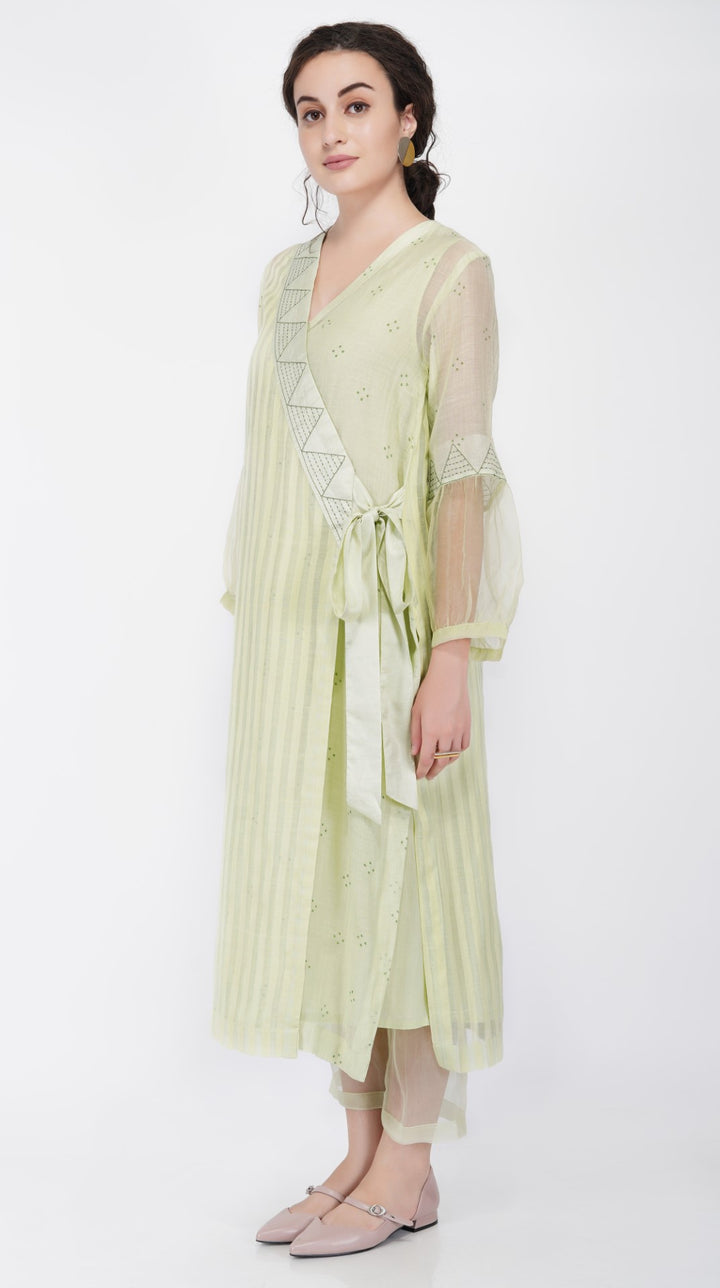 SAAWAN- PISTA GREEN CHANDERI ANGRAKHA KURTA SET