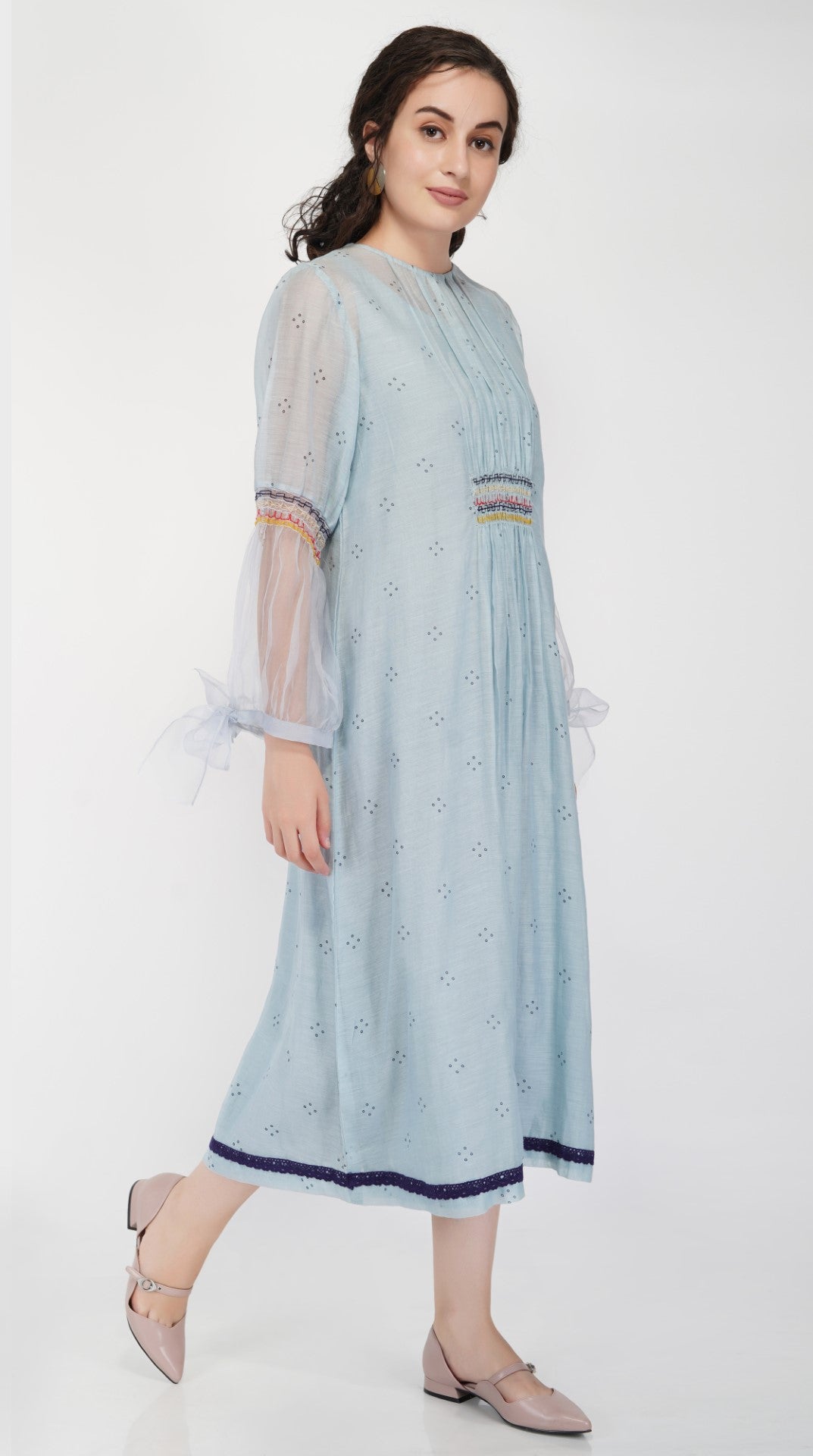 SAAWAN POWDER BLUE KAFTAN WITH SMOCKING EMBROIDERY WITH COTTON STRAIGHT PANTS