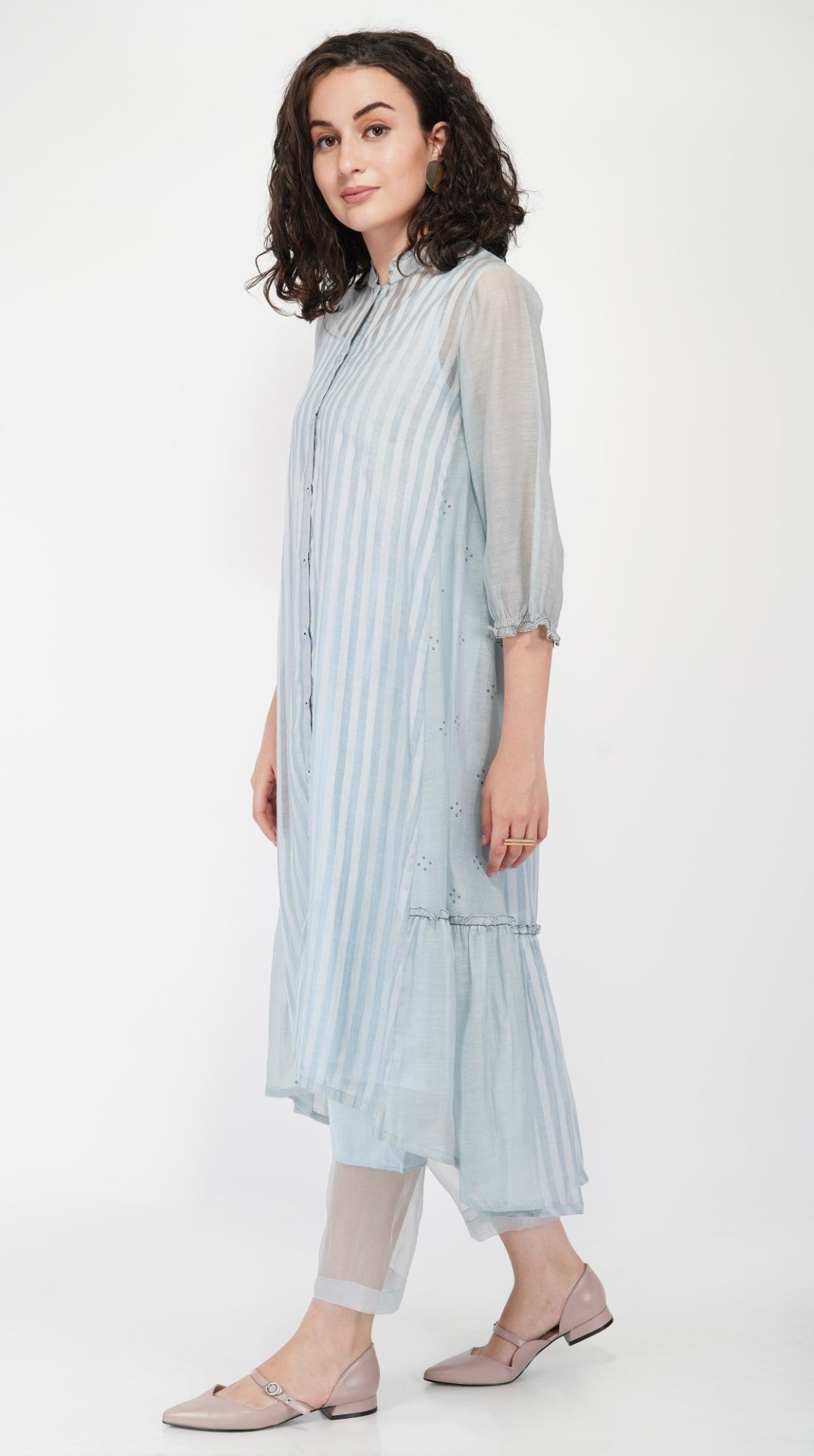 SAAWAN STRIPE HIGH LOW SIDE GATHER DRESS
