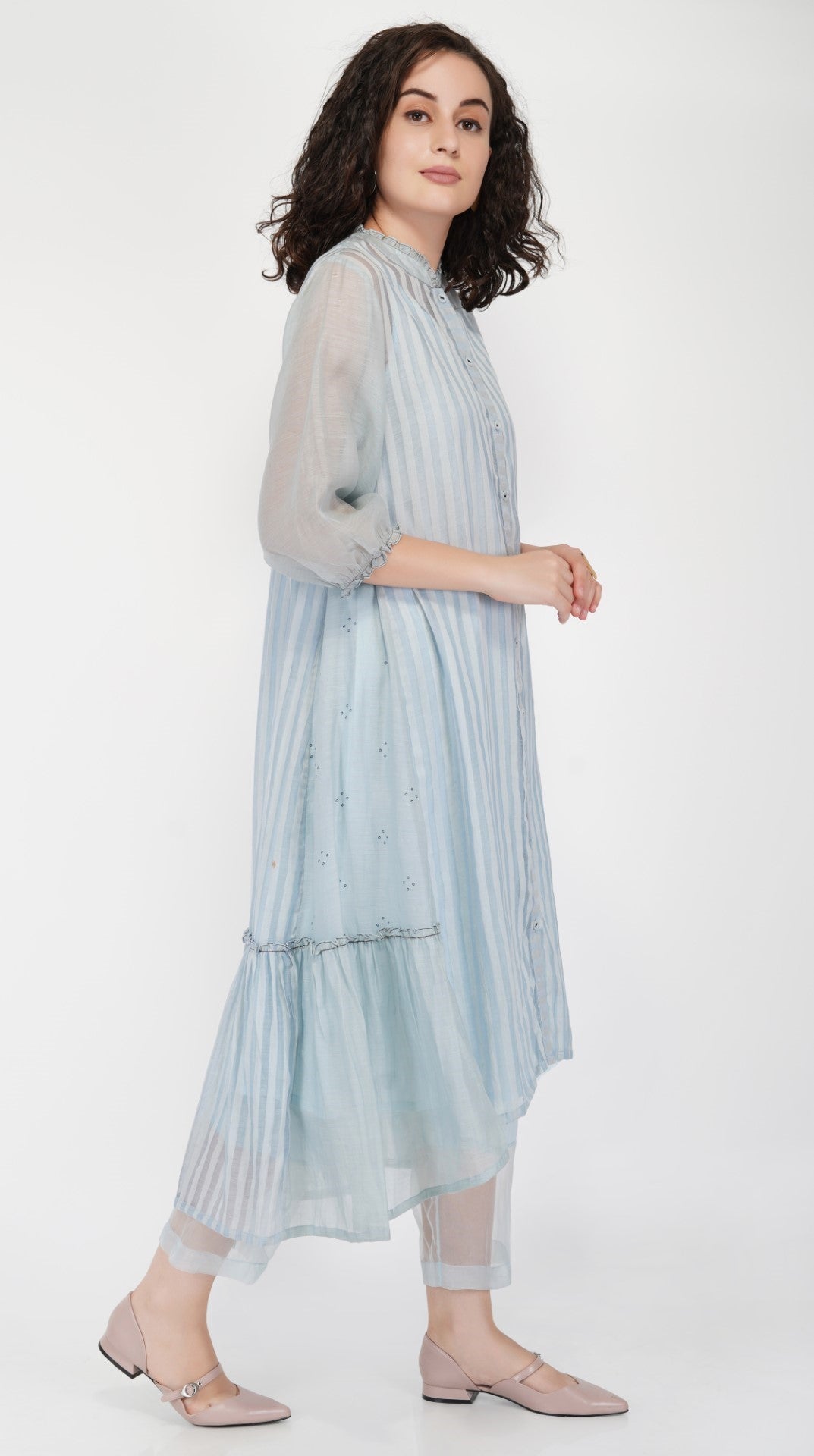 SAAWAN STRIPE HIGH LOW SIDE GATHER DRESS