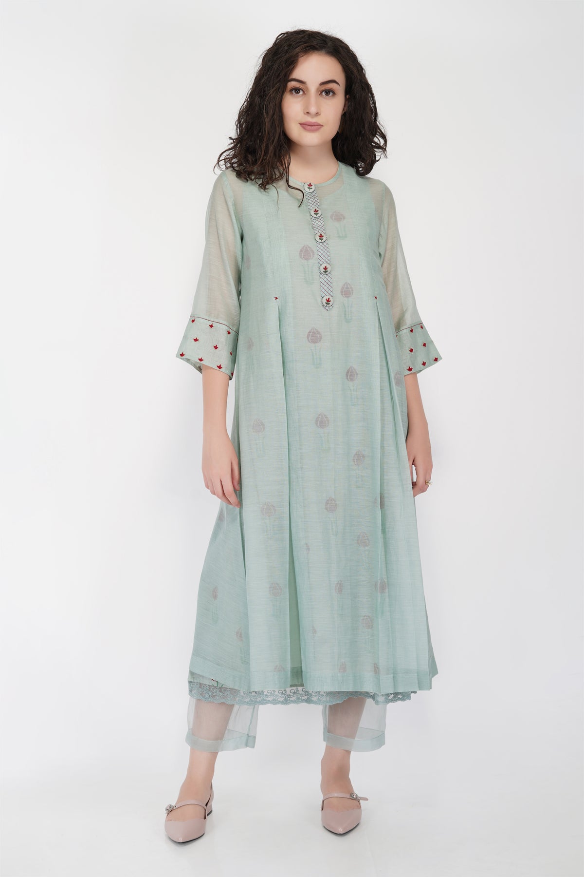 SAAWAN SAGE GREEN BOX PLEAT WITH BUTTON EMBROIDERY DRESS