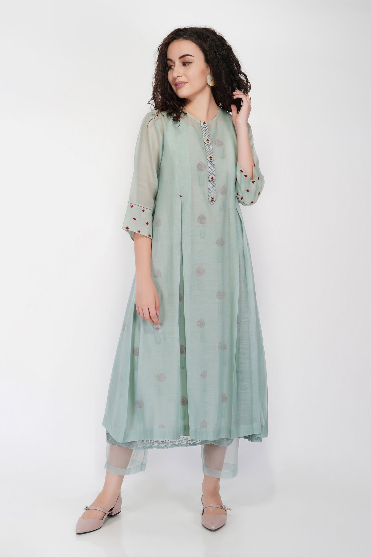 SAAWAN SAGE GREEN BOX PLEAT WITH BUTTON EMBROIDERY DRESS