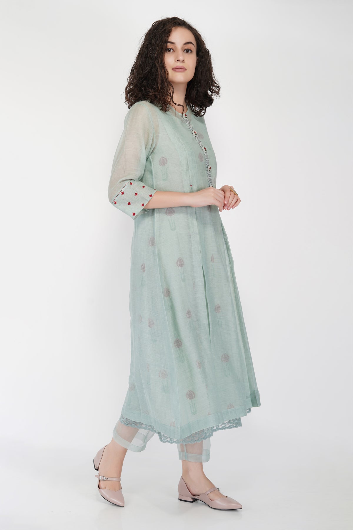 SAAWAN SAGE GREEN BOX PLEAT WITH BUTTON EMBROIDERY DRESS