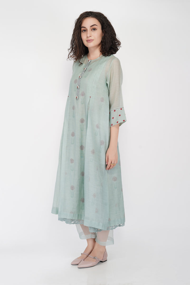 SAAWAN- SAGE GREEN BOX PLEAT WITH BUTTON EMBROIDERY DRESS WITH PANT